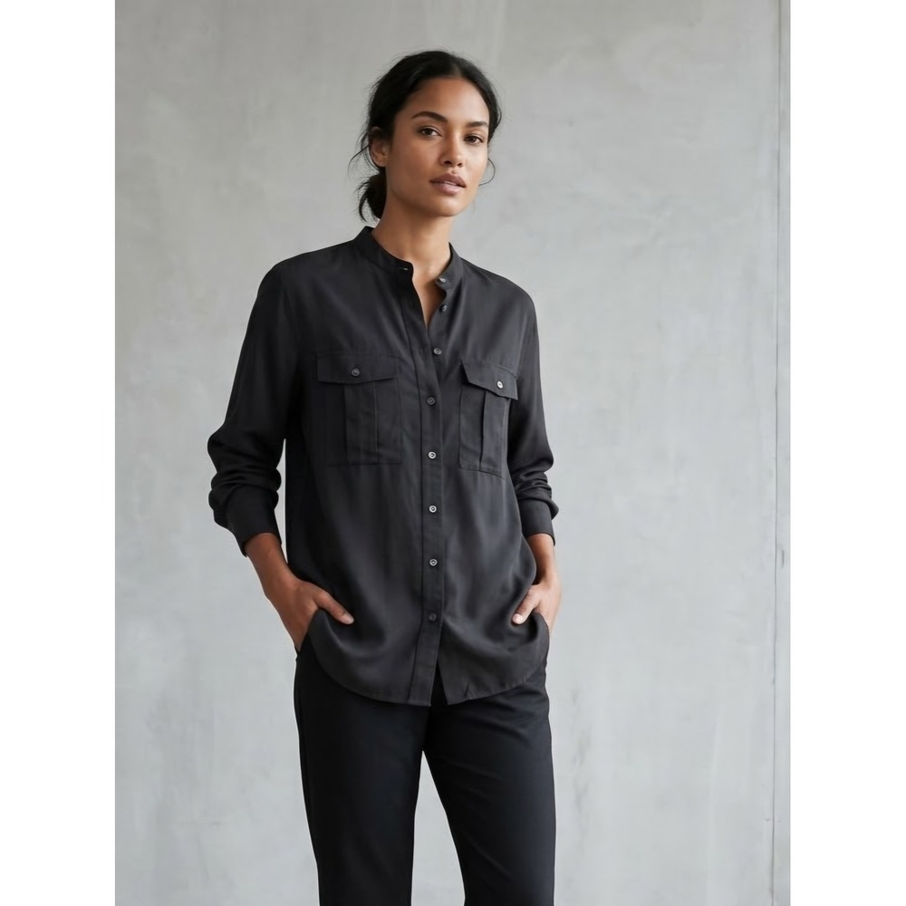 Gap Modal Utility Band Collar Long Sleeve Button Down Shirt Black XL